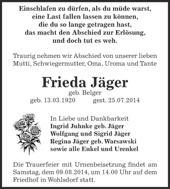 Traueranzeige von Frieda Jäger von Super Sonntag Bernburg
