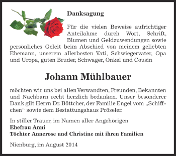 Traueranzeige von Johann Mühlbauer von Super Sonntag Bernburg
