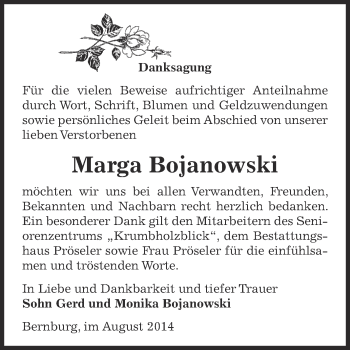 Traueranzeige von Marga Bojanowski von Super Sonntag Bernburg