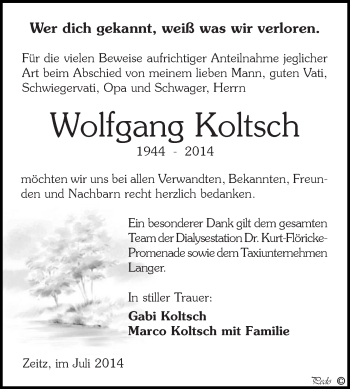 Traueranzeige von Wolfgang Koltsch von Super Sonntag Zeitz