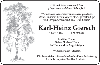 Traueranzeige von Karl-Heinz Giersch von WVG - Wochenspiegel Wittenberg