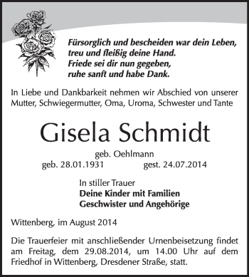 Traueranzeige von Gisela Schmidt von WVG - Wochenspiegel Wittenberg