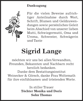 Traueranzeige von Sigrid Lange von Super Sonntag Bernburg
