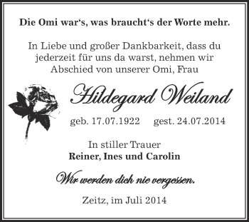 Traueranzeige von Hildegard Weiland von Super Sonntag Zeitz