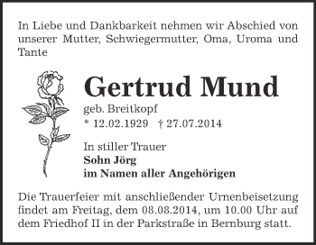 Traueranzeige von Gertrud Mund von Super Sonntag Bernburg