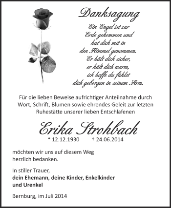 Traueranzeige von Erika Strohbach von Super Sonntag Bernburg