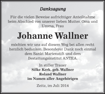 Traueranzeige von Johanne Wallner von Super Sonntag Zeitz