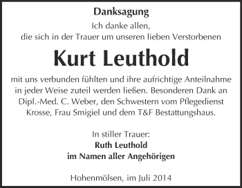 Traueranzeige von Kurt Leuthold von WVG - Wochenspiegel NMB / WSF / ZTZ