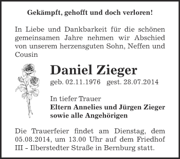 Traueranzeige von Daniel Zieger von Super Sonntag Bernburg