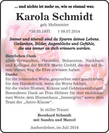 Traueranzeige von Karola Schmidt von Super Sonntag Aschersleben