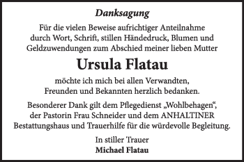 Traueranzeige von Ursula Flatau von Super Sonntag Dessau / Köthen
