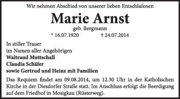 Traueranzeige von Marie Arnst von Super Sonntag Dessau / Köthen