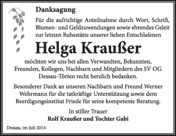 Traueranzeige von Helga Kraußer von Super Sonntag Dessau / Köthen