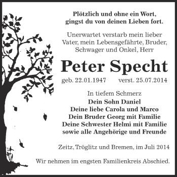 Traueranzeige von Peter Specht von Super Sonntag Zeitz