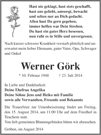 Traueranzeige von Werner Görk von WVG - Wochenspiegel NMB / WSF / ZTZ