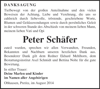Traueranzeige von Peter Schäfer von WVG - Wochenspiegel NMB / WSF / ZTZ