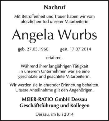 Traueranzeige von Angela Wurbs von Super Sonntag Dessau / Köthen