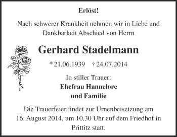 Traueranzeige von Gerhard Stadelmann von WVG - Wochenspiegel NMB / WSF / ZTZ