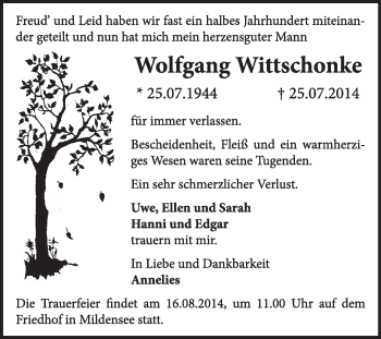 Traueranzeige von Wolfgang Wittschonke von Super Sonntag Dessau / Köthen
