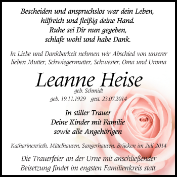 Traueranzeige von Leanne Heise von Super Sonntag SGH Mansf. Land