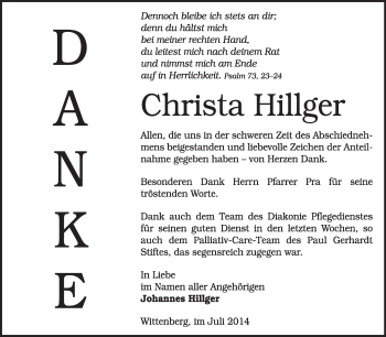 Traueranzeige von Christa Hillger von WVG - Wochenspiegel Wittenberg