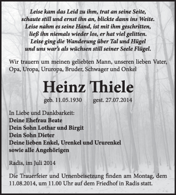 Traueranzeige von Heinz Thiele von WVG - Wochenspiegel Wittenberg