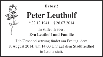 Traueranzeige von Peter Leutholf von WVG - Wochenspiegel Merseburg