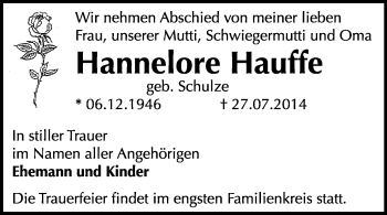 Traueranzeige von Hannelore Hauffe von WVG - Wochenspiegel Dessau / Köthen