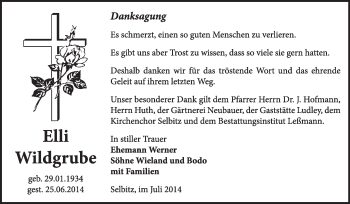 Traueranzeige von Elli Wildgrube von WVG - Wochenspiegel Wittenberg