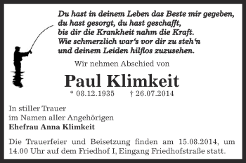 Traueranzeige von Paul Klimkeit von WVG - Wochenspiegel Dessau / Köthen