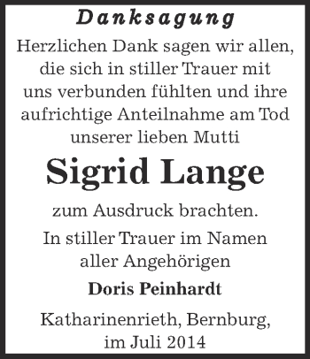 Traueranzeige von Sigrid Lange von Super Sonntag SGH Mansf. Land