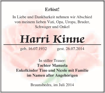 Traueranzeige von Harn Kinne von WVG - Wochenspiegel Merseburg