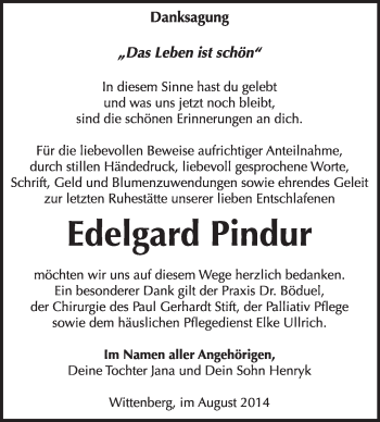 Traueranzeige von Edelgard Pindur von WVG - Wochenspiegel Wittenberg