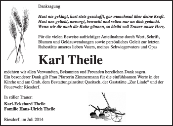 Traueranzeige von Karl Theile von Super Sonntag Dessau / Köthen