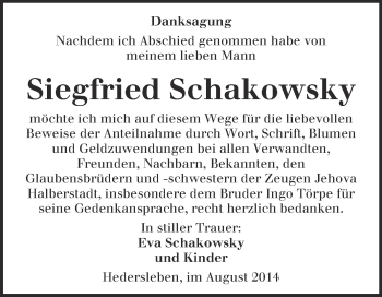 Traueranzeige von Siegfried Schakowsky von WVG - Wochenspiegel Quedlinburg