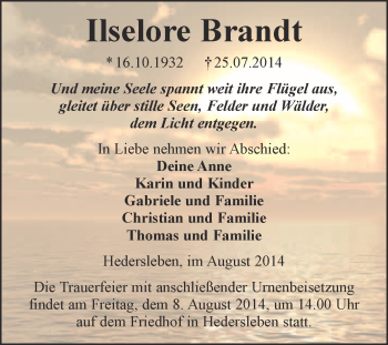 Traueranzeige von Ilselore Brandt von WVG - Wochenspiegel Quedlinburg