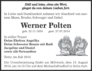 Traueranzeige von Werner Polten von Super Sonntag Zeitz