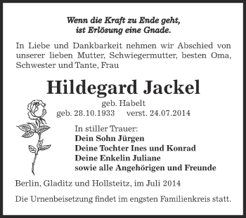Traueranzeige von Hildegard Jackel von Super Sonntag Zeitz