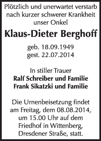 Traueranzeige von Klaus-Dieter Berghoff von WVG - Wochenspiegel Wittenberg