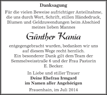 Traueranzeige von Günther Kania von Super Sonntag Zeitz