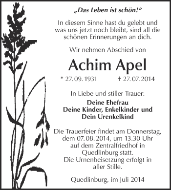 Traueranzeige von Achim Apel von WVG - Wochenspiegel Quedlinburg