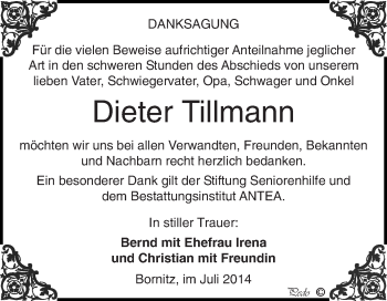Traueranzeige von Dieter Tillmann von Super Sonntag Zeitz