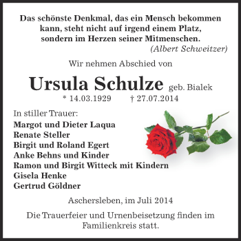 Traueranzeige von Ursula Schulze von WVG - Wochenspiegel Aschersleben