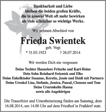 Traueranzeige von Frieda Swientek von Super Sonntag Dessau / Köthen