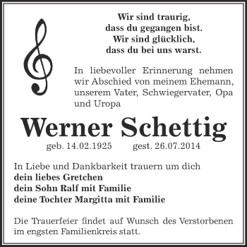 Traueranzeige von Werner Schettig von Super Sonntag Bernburg