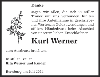Traueranzeige von Kurt Werner von Super Sonntag Bernburg