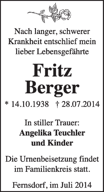 Traueranzeige von Fritz Berger von Super Sonntag Dessau / Köthen