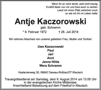 Traueranzeige von Antje Kaczorowski von Super Sonntag Dessau / Köthen