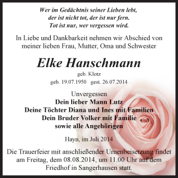 Traueranzeige von Elke Hanschmann von Super Sonntag SGH Mansf. Land
