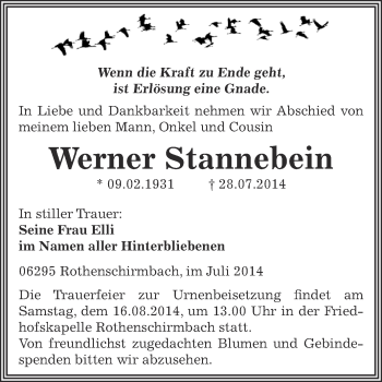 Traueranzeige von Werner Stannebein von Wochenspiegel Mansfelder Land